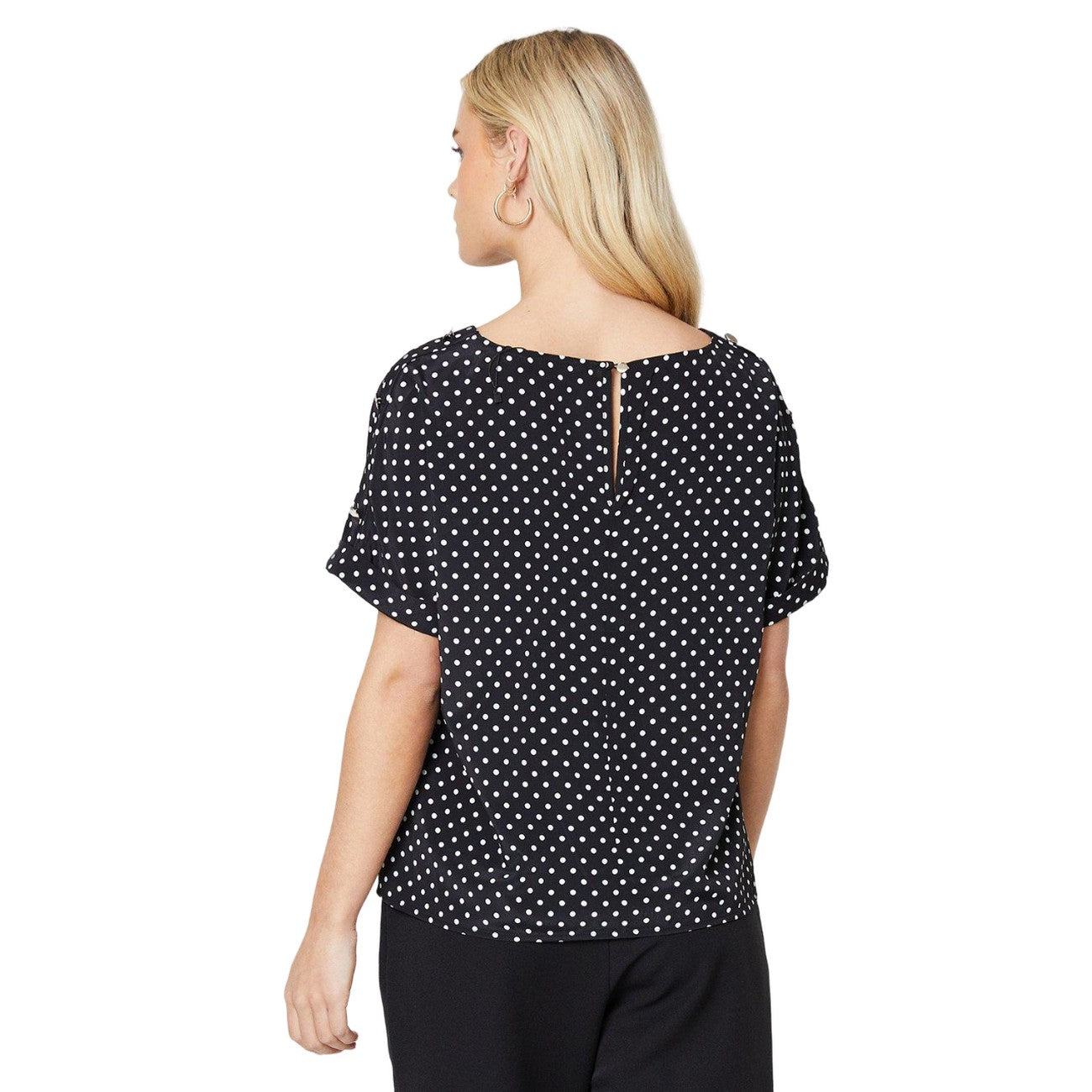 Black - Back - Dorothy Perkins Womens-Ladies Spotted Button Detail Petite Roll Sleeve Blouse