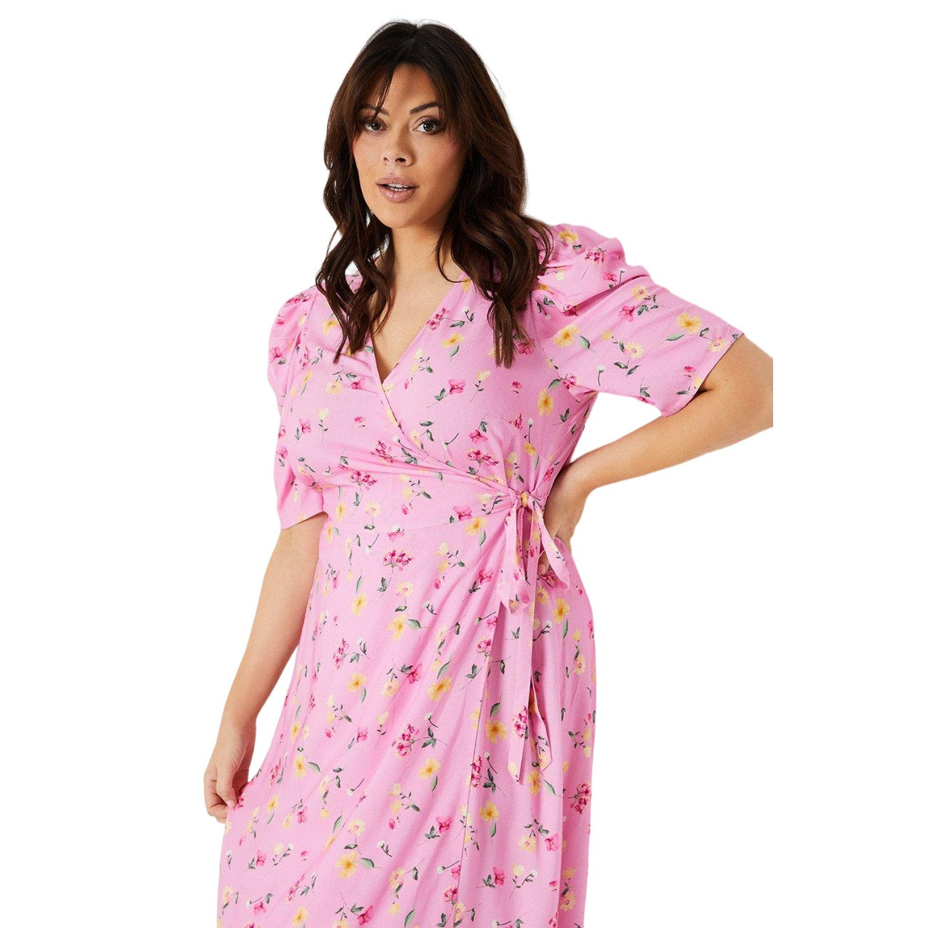 Pink - Side - Dorothy Perkins Womens-Ladies Ditsy Print Wrap Plus Midi Dress
