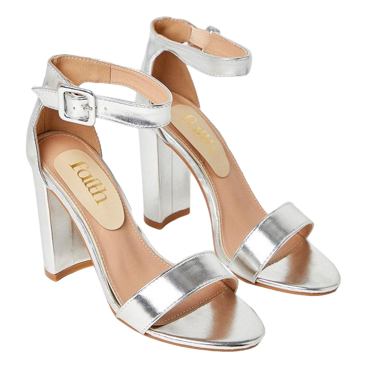 Silver - Front - Faith Womens-Ladies Chantelle Covered High Block Heel Sandals