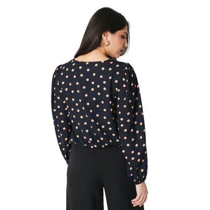 Black - Back - Dorothy Perkins Womens-Ladies Polka Dot V Neck Long-Sleeved Blouse