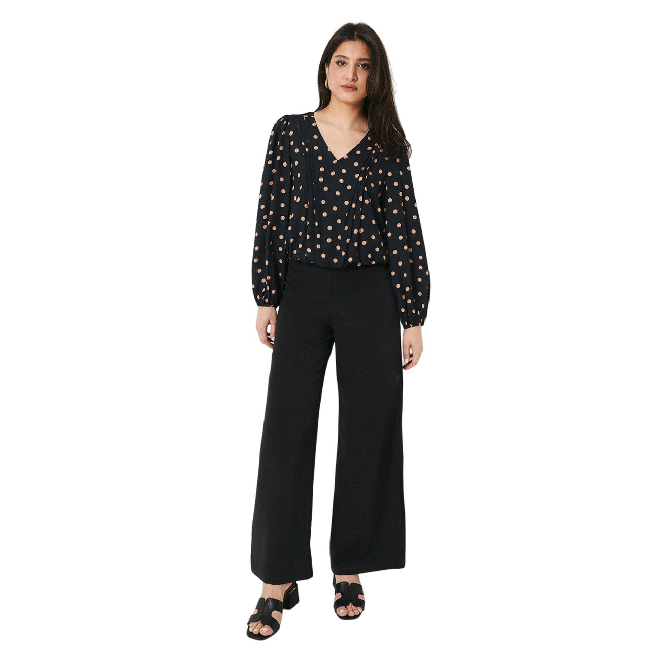 Black - Side - Dorothy Perkins Womens-Ladies Polka Dot V Neck Long-Sleeved Blouse