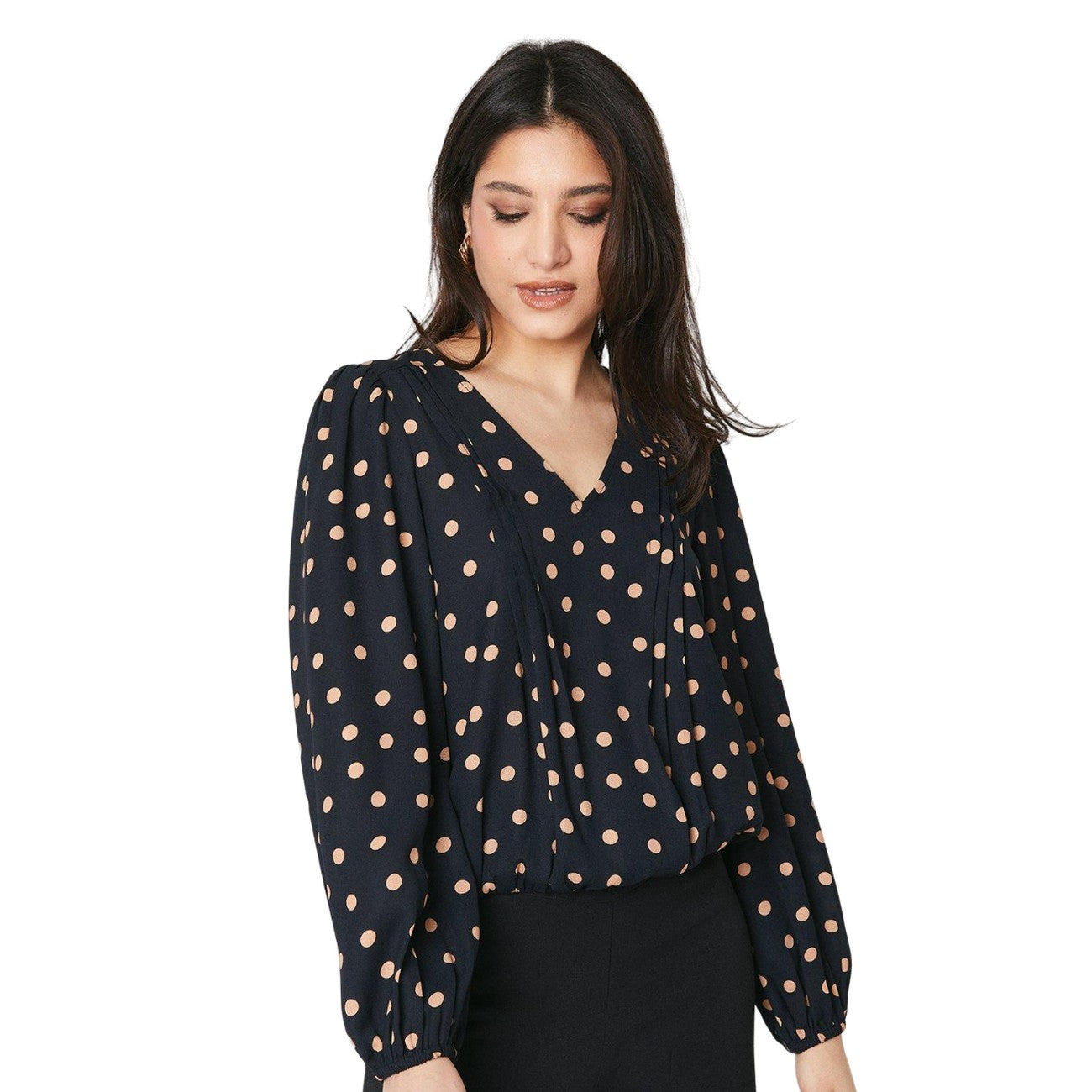 Black - Front - Dorothy Perkins Womens-Ladies Polka Dot V Neck Long-Sleeved Blouse