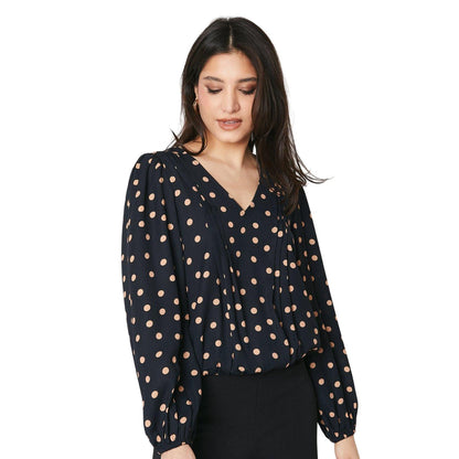 Black - Front - Dorothy Perkins Womens-Ladies Polka Dot V Neck Long-Sleeved Blouse