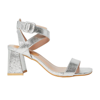 Silver - Back - Faith Womens-Ladies Emilie Covered Buckle High Block Heel Sandals