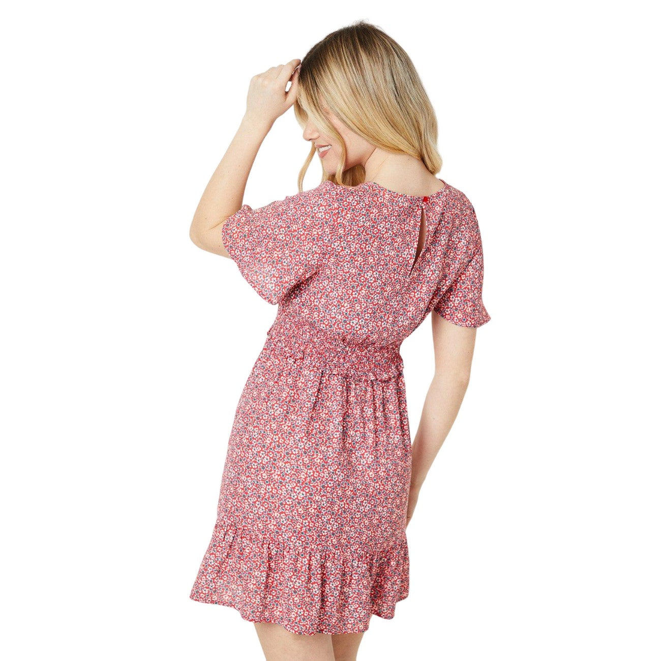 Red - Back - Dorothy Perkins Womens-Ladies Ditsy Print Shirred Waist Angel Sleeve Mini Dress