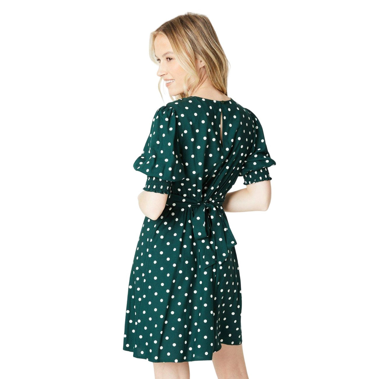 Green - Back - Dorothy Perkins Womens-Ladies Polka Dot Shirred Cuff Mini Dress