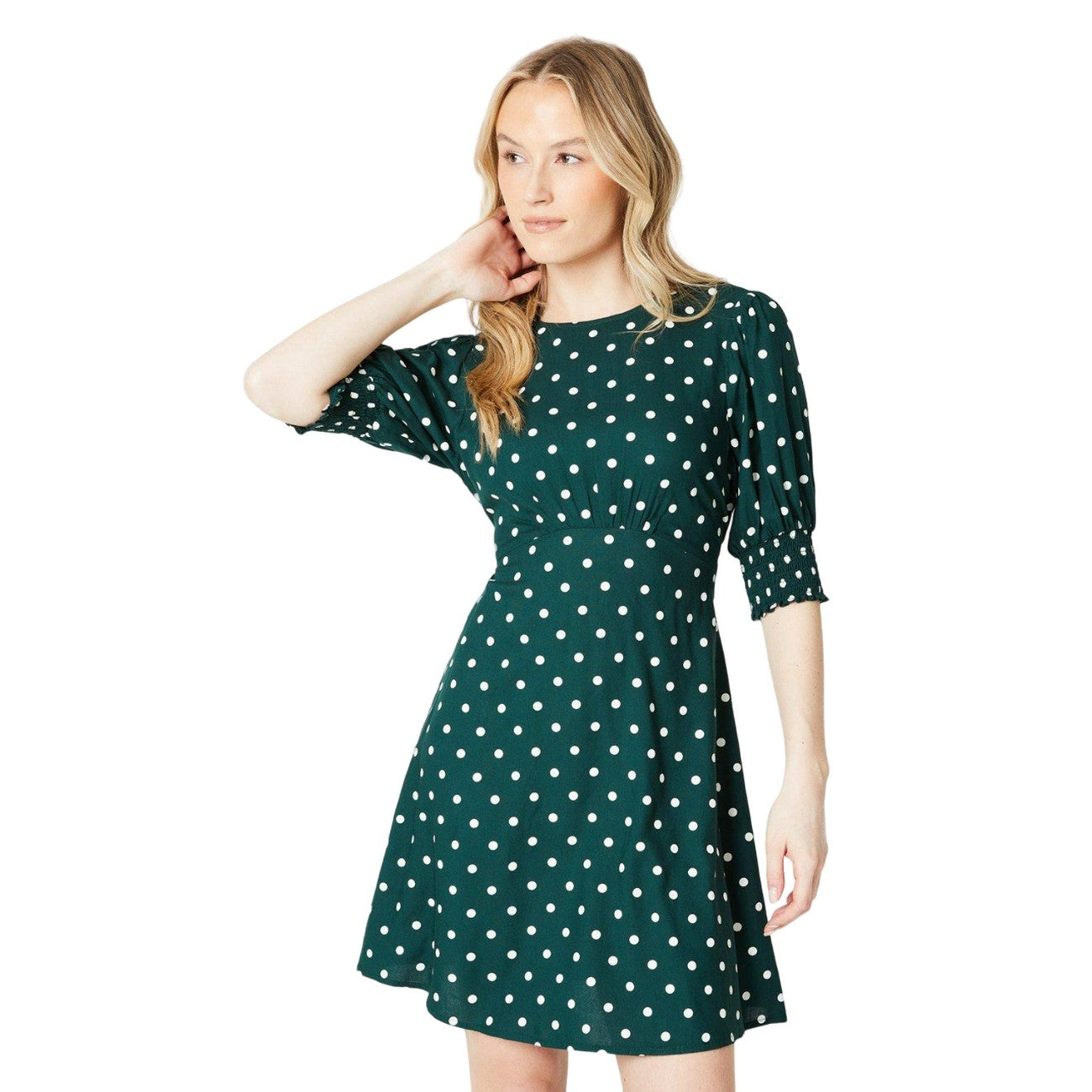 Green - Front - Dorothy Perkins Womens-Ladies Polka Dot Shirred Cuff Mini Dress