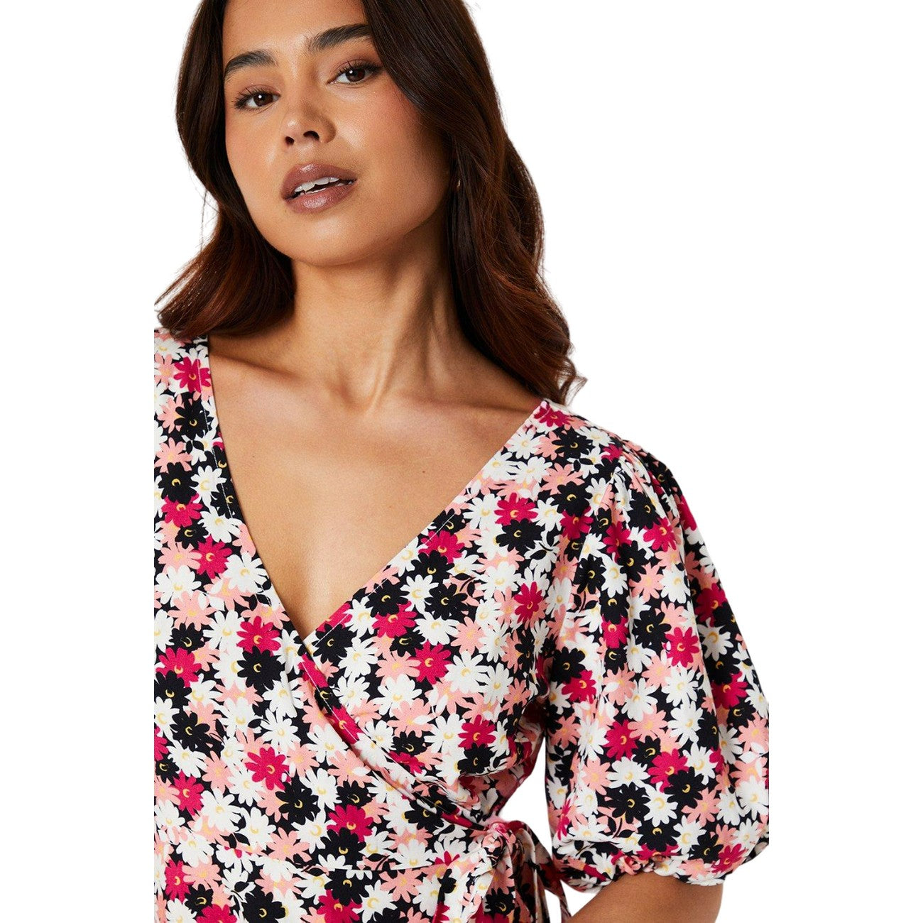 Pink - Side - Dorothy Perkins Womens-Ladies Wrap Petite Puff Sleeve Midi Dress