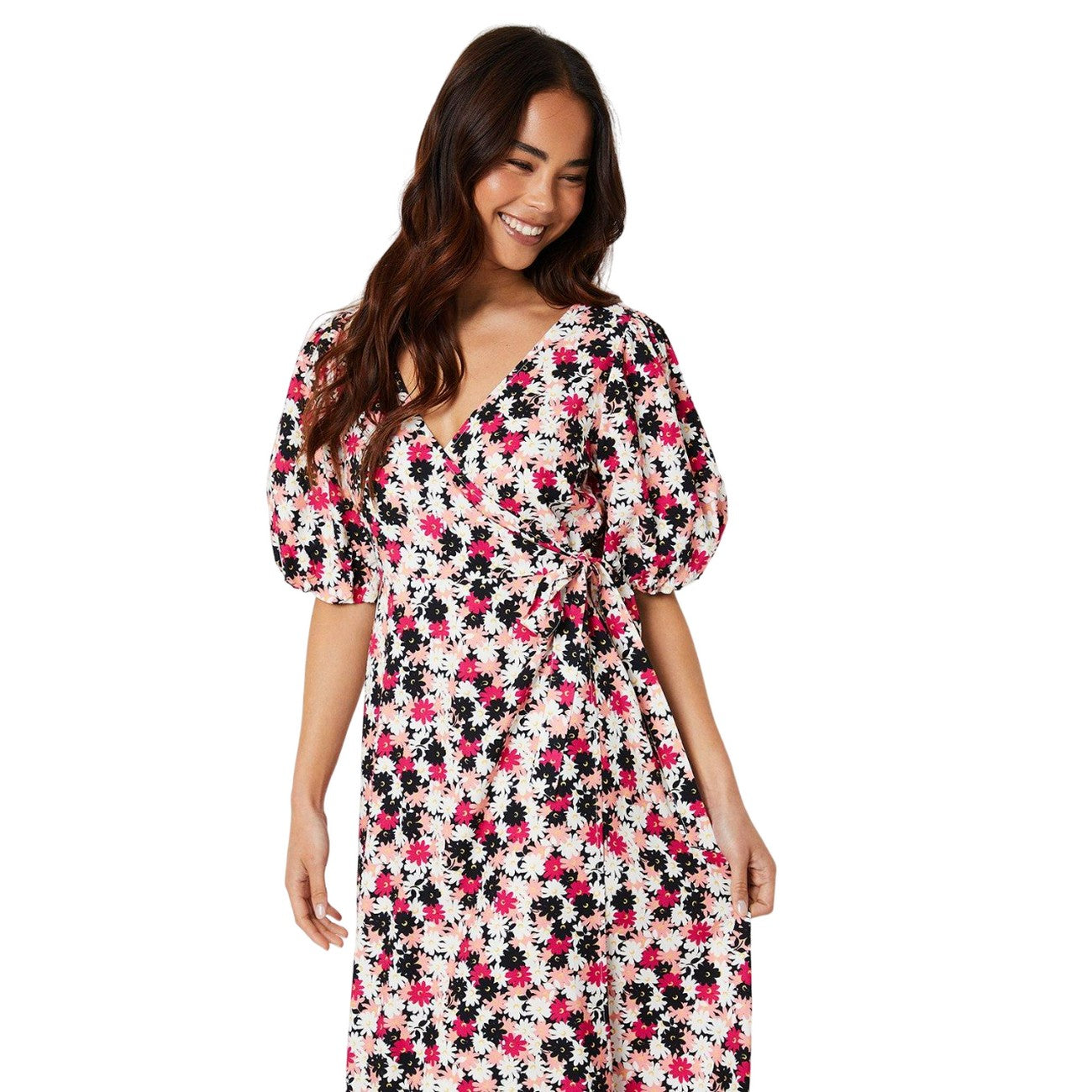 Pink - Lifestyle - Dorothy Perkins Womens-Ladies Wrap Petite Puff Sleeve Midi Dress