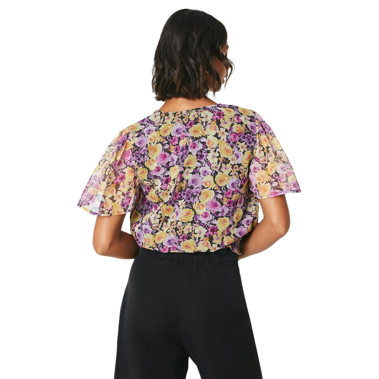Purple-Yellow - Back - Dorothy Perkins Womens-Ladies Tall Flowers Chiffon Shirred Hem Blouse