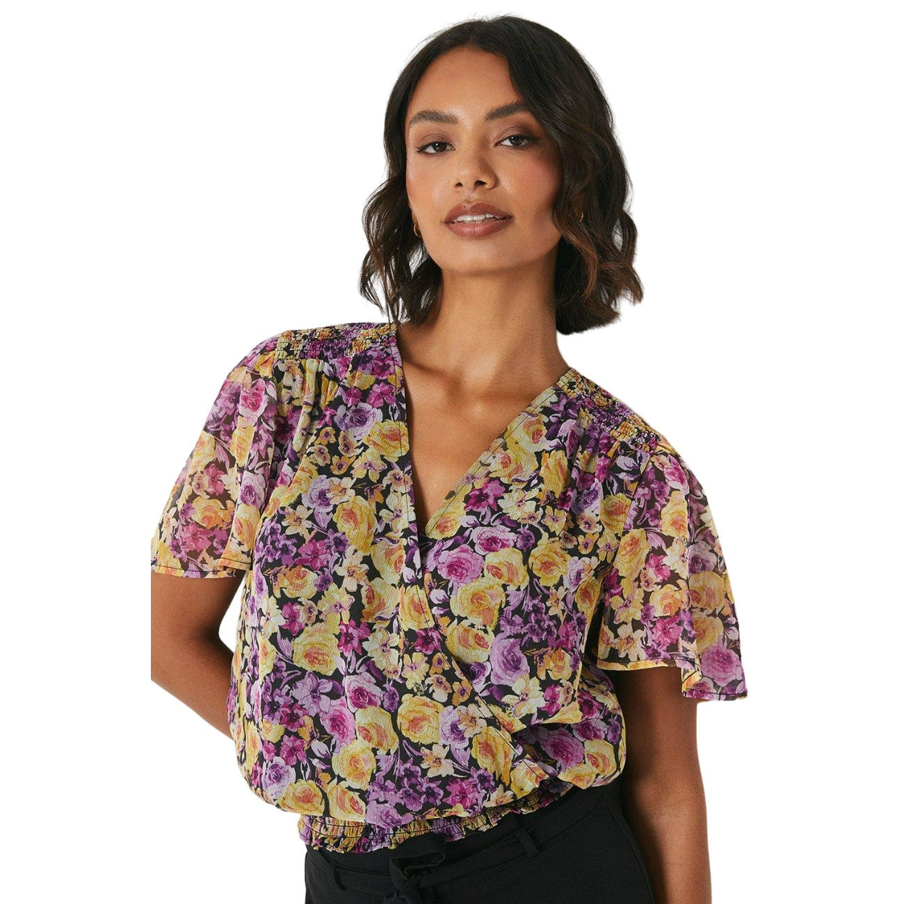 Purple-Yellow - Side - Dorothy Perkins Womens-Ladies Tall Flowers Chiffon Shirred Hem Blouse