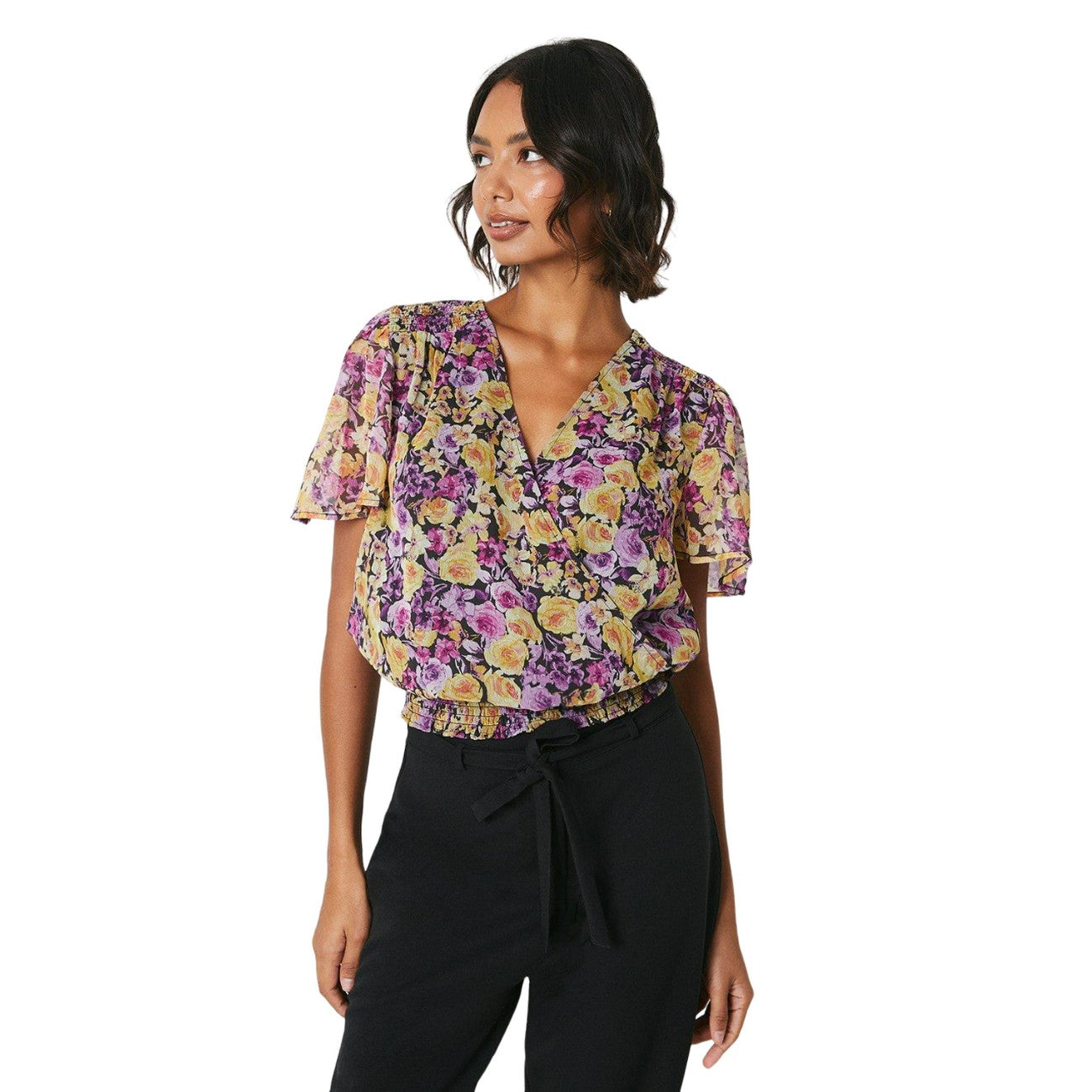 Purple-Yellow - Front - Dorothy Perkins Womens-Ladies Tall Flowers Chiffon Shirred Hem Blouse