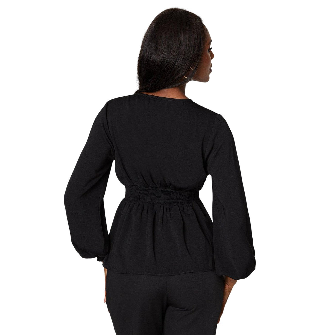 Black - Back - Dorothy Perkins Womens-Ladies Shirred Waist Long-Sleeved Blouse