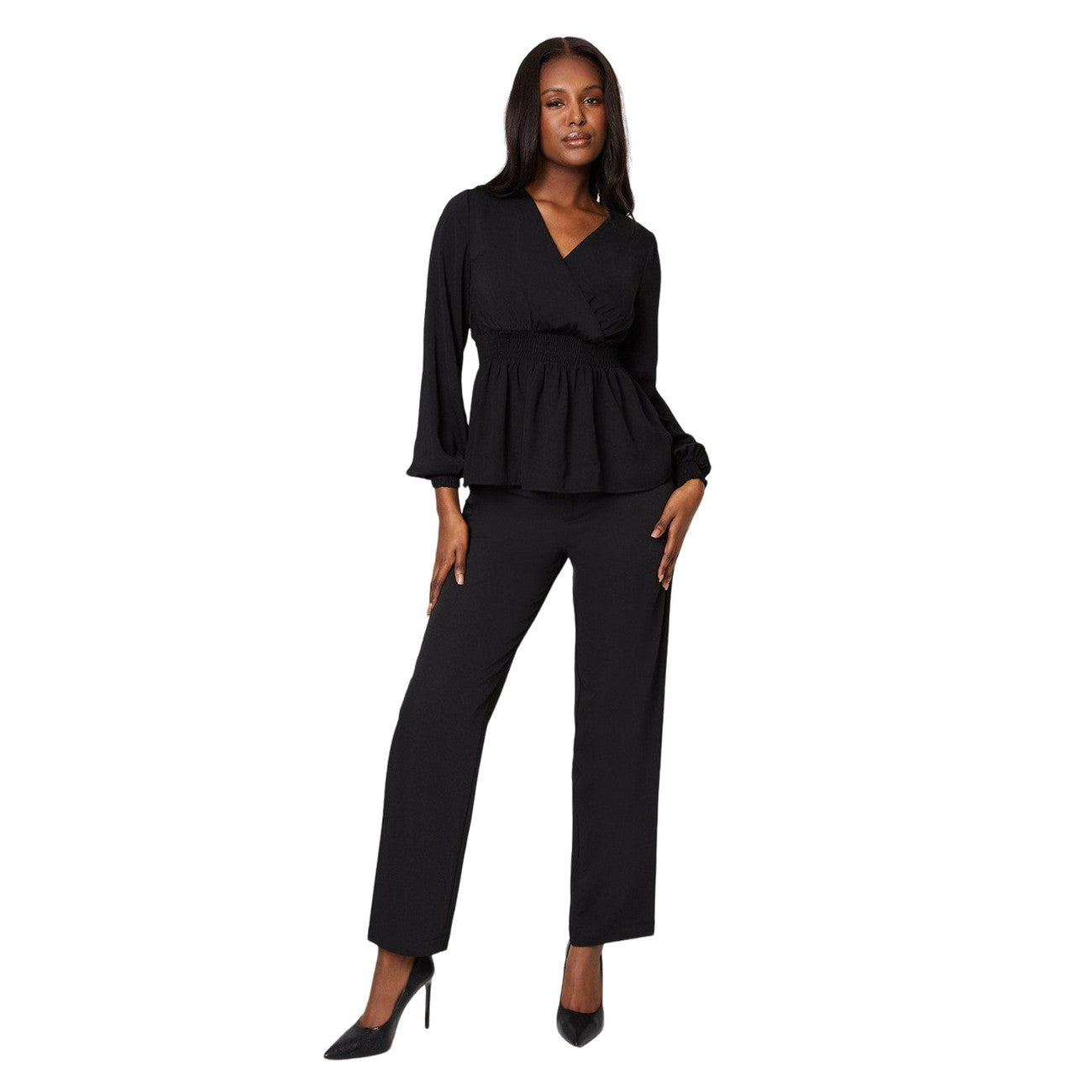 Black - Side - Dorothy Perkins Womens-Ladies Shirred Waist Long-Sleeved Blouse