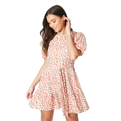 White-Peach - Front - Dorothy Perkins Womens-Ladies Animal Print Frill Hem Petite Mini Dress