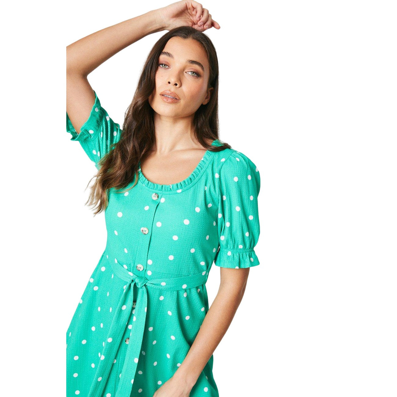 Green - Side - Dorothy Perkins Womens-Ladies Polka Dot Front Tie Petite Mini Dress