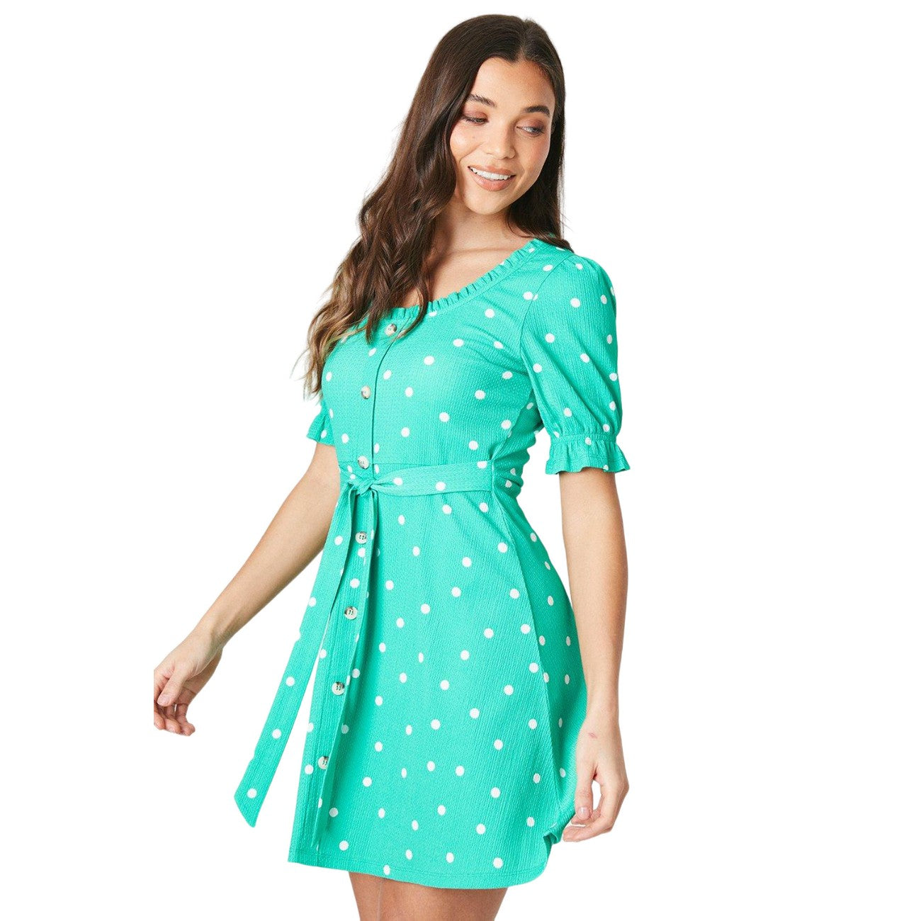Green - Lifestyle - Dorothy Perkins Womens-Ladies Polka Dot Front Tie Petite Mini Dress