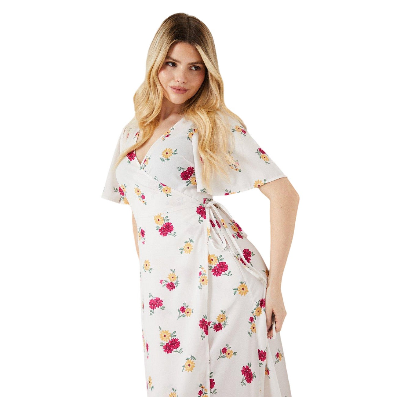 White - Side - Dorothy Perkins Womens-Ladies Floral Wrap Angel Sleeve Midi Dress
