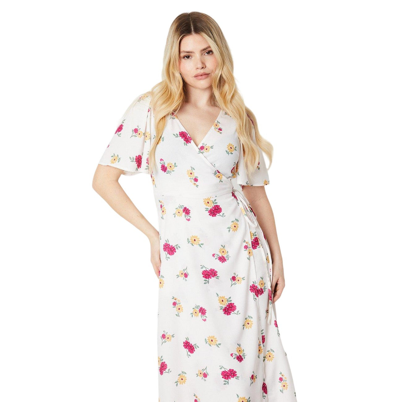 White - Lifestyle - Dorothy Perkins Womens-Ladies Floral Wrap Angel Sleeve Midi Dress