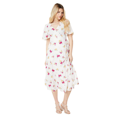White - Front - Dorothy Perkins Womens-Ladies Floral Wrap Angel Sleeve Midi Dress