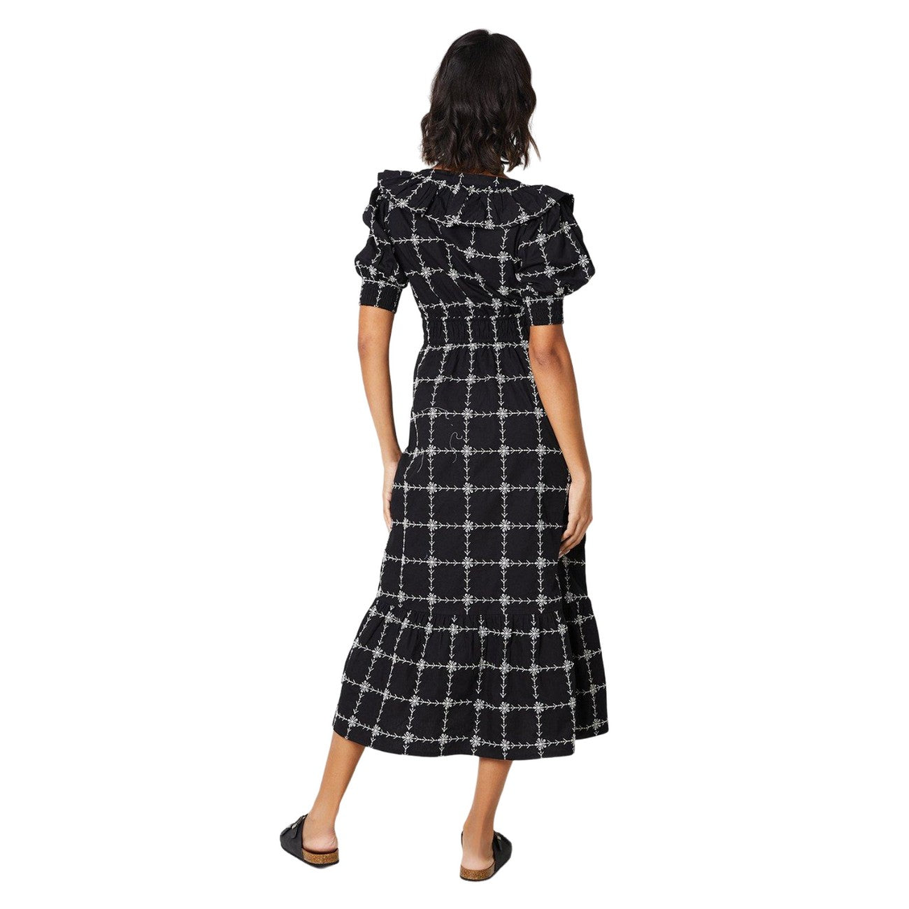 Black - Back - Dorothy Perkins Womens-Ladies Embroidered Frill Puff Sleeve Midi Dress