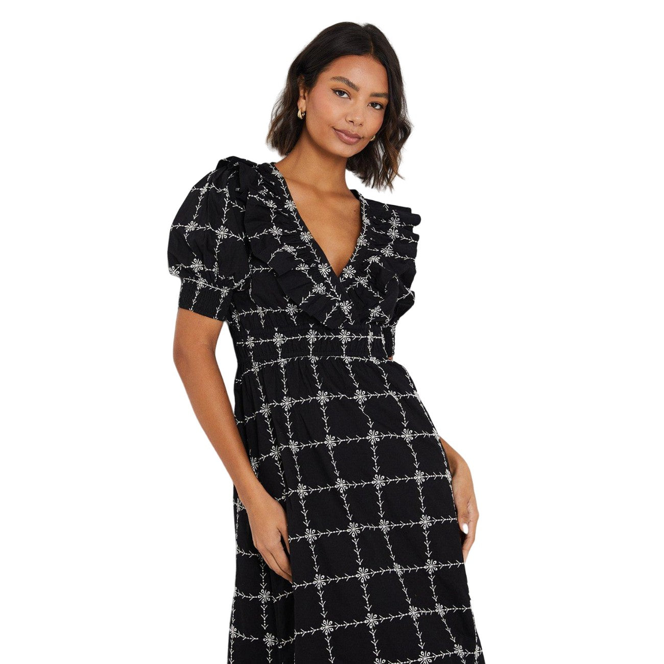 Black - Side - Dorothy Perkins Womens-Ladies Embroidered Frill Puff Sleeve Midi Dress