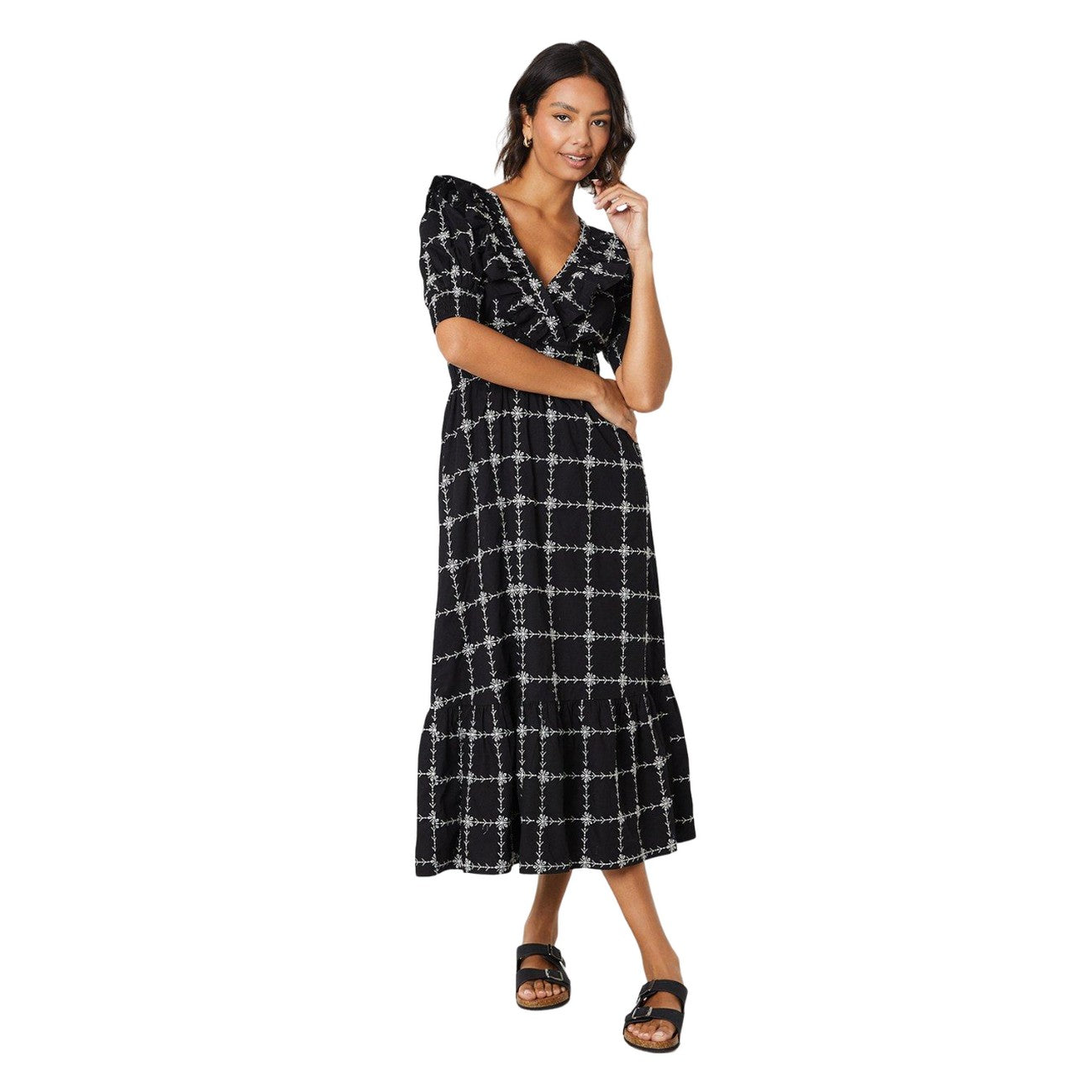 Black - Front - Dorothy Perkins Womens-Ladies Embroidered Frill Puff Sleeve Midi Dress