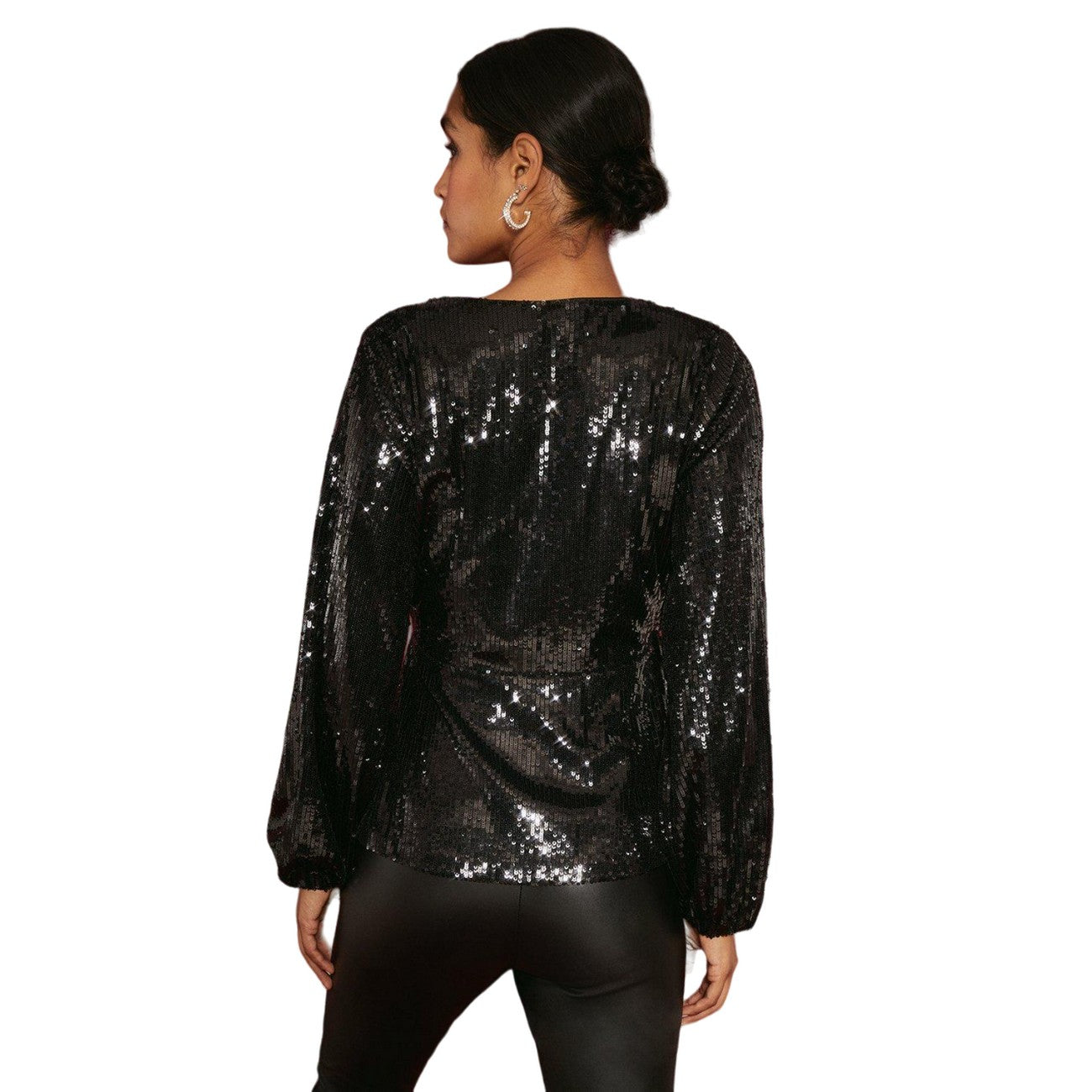 Black - Back - Dorothy Perkins Womens-Ladies Sequin Wrap Long-Sleeved Blouse