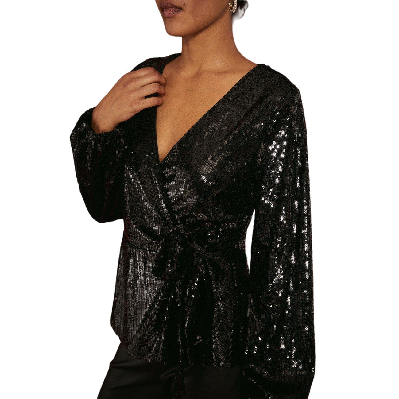 Black - Side - Dorothy Perkins Womens-Ladies Sequin Wrap Long-Sleeved Blouse