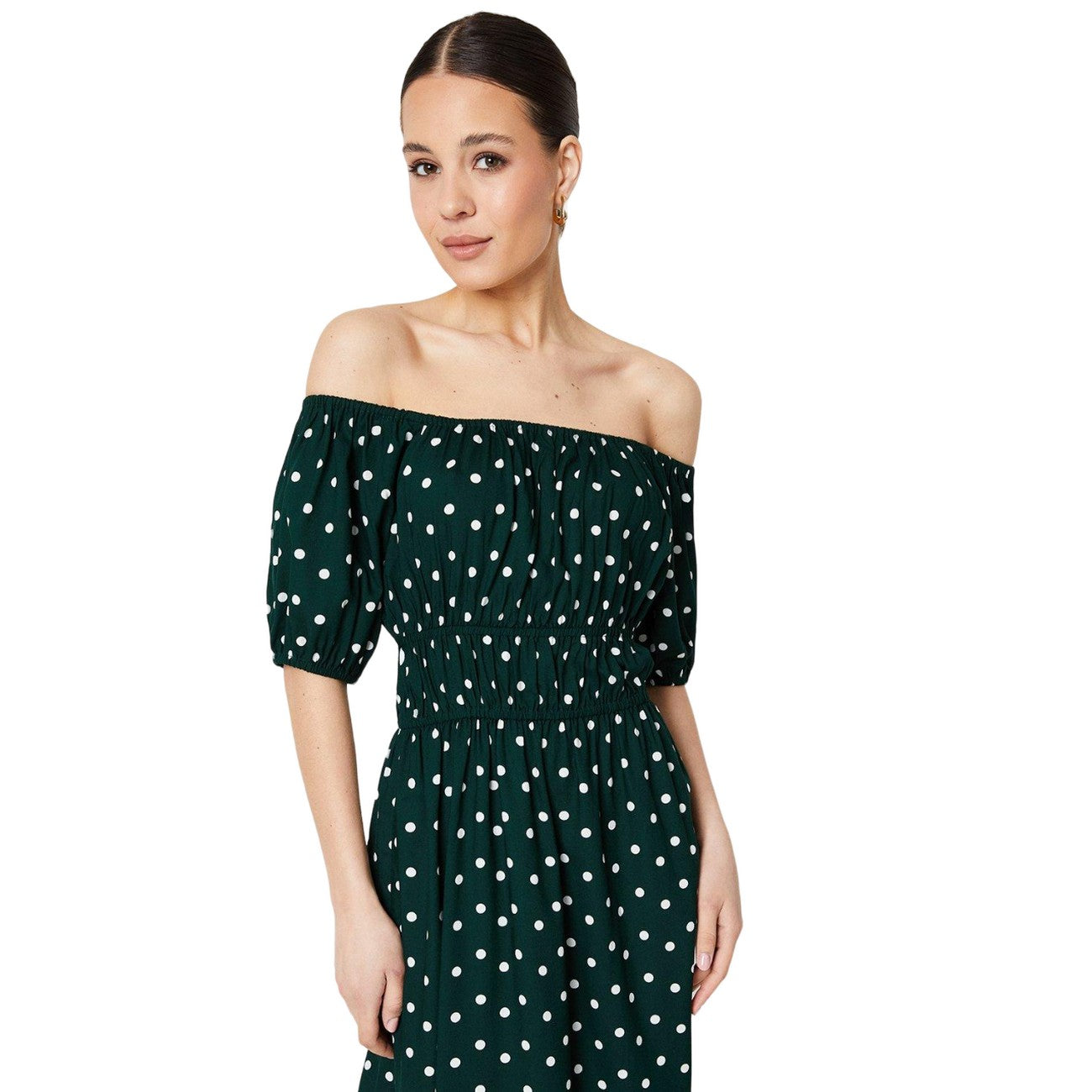 Green - Side - Dorothy Perkins Womens-Ladies Spotted Bardot Midi Dress