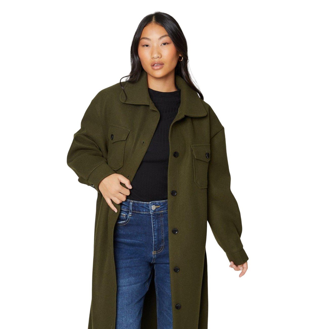 Khaki - Side - Dorothy Perkins Womens-Ladies Midi Wool Effect Waist Tie Petite Shirt Jacket