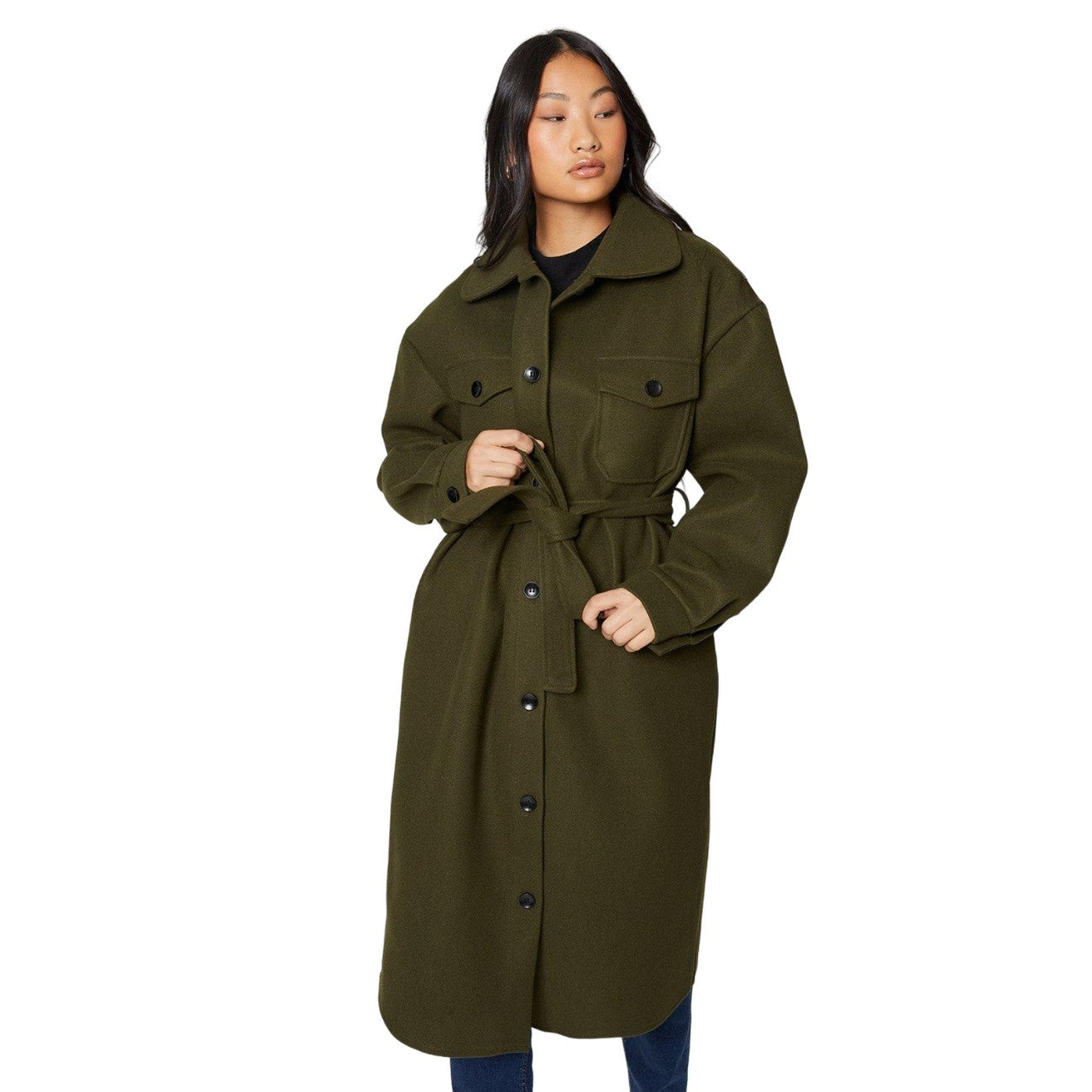 Khaki - Front - Dorothy Perkins Womens-Ladies Midi Wool Effect Waist Tie Petite Shirt Jacket
