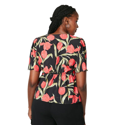 Black-Red - Back - Dorothy Perkins Womens-Ladies Floral Wrap Short-Sleeved Blouse