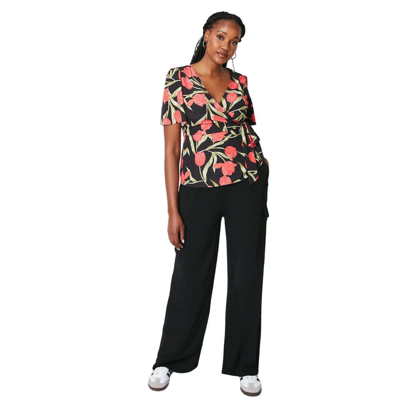 Black-Red - Side - Dorothy Perkins Womens-Ladies Floral Wrap Short-Sleeved Blouse