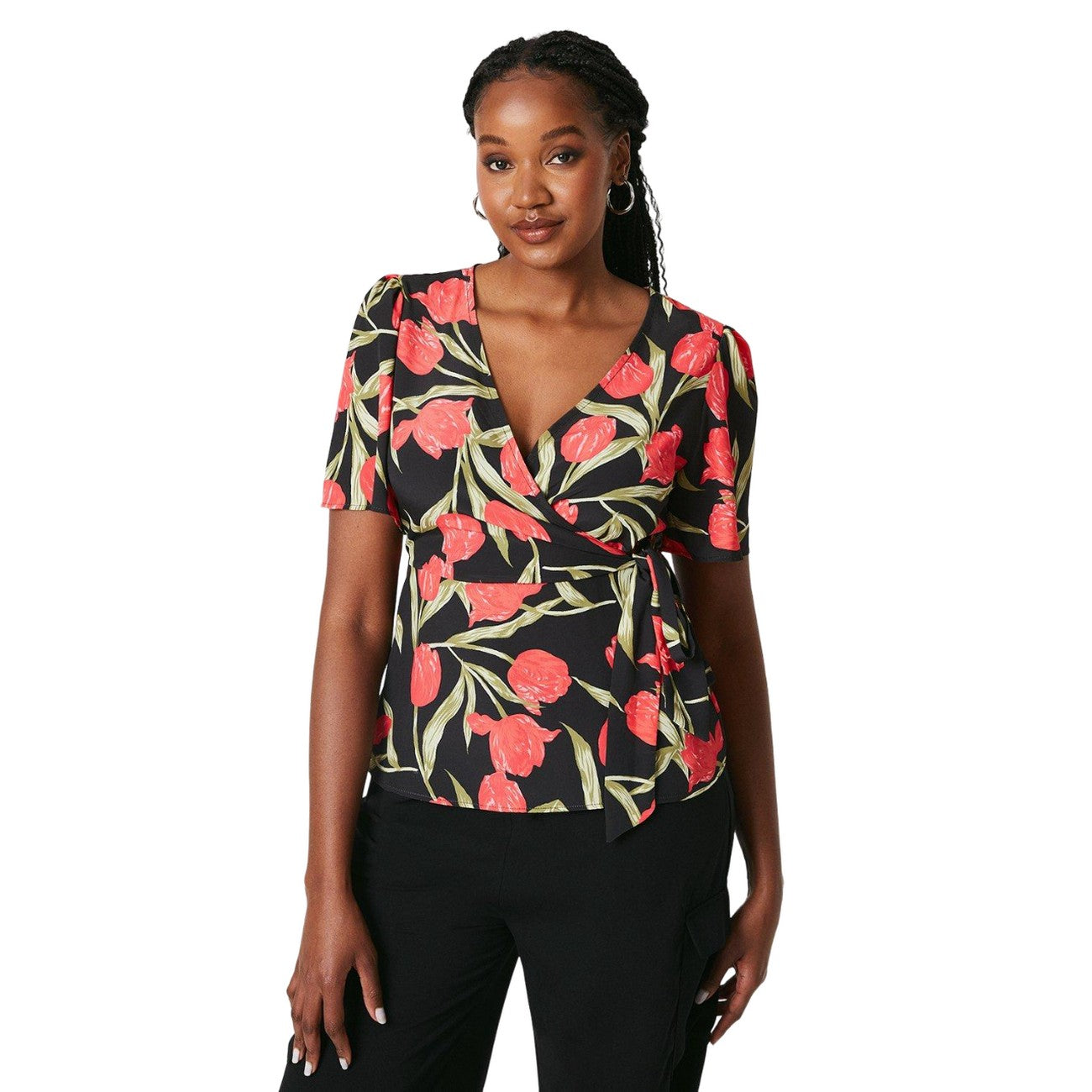 Black-Red - Front - Dorothy Perkins Womens-Ladies Floral Wrap Short-Sleeved Blouse