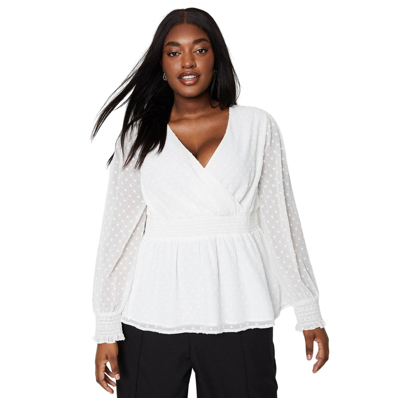 Ivory - Front - Dorothy Perkins Womens-Ladies Dobby Chiffon Shirred Waist Plus Blouse