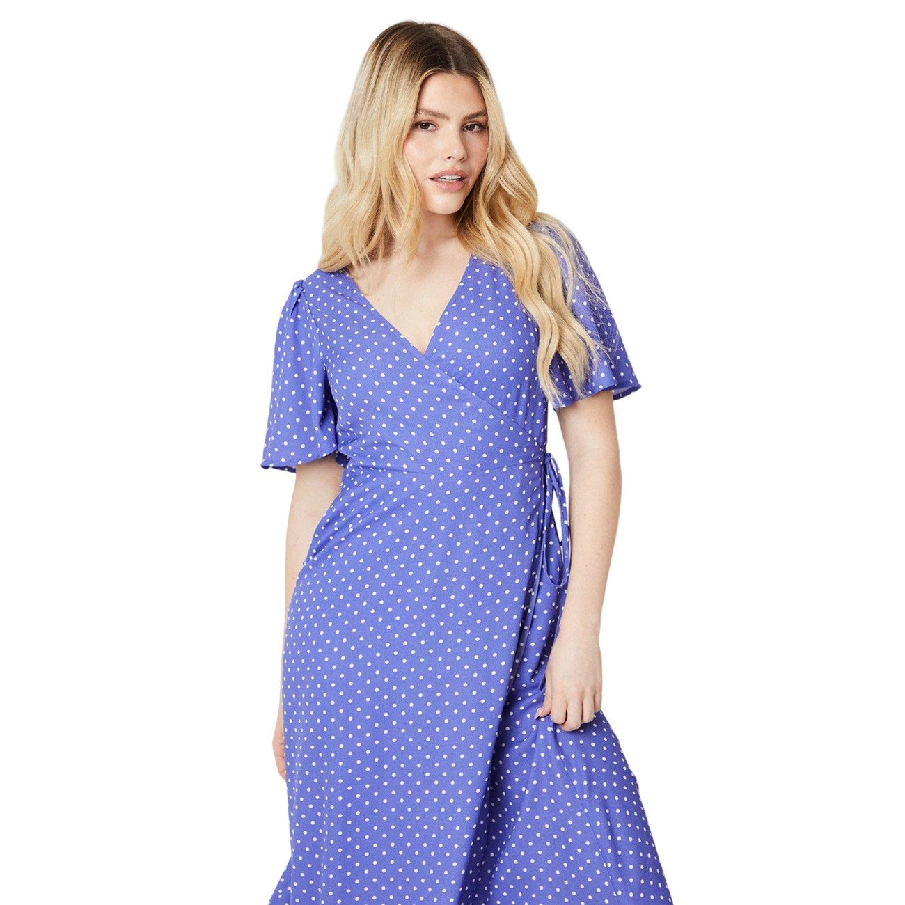 Blue - Side - Dorothy Perkins Womens-Ladies Spotted Side Tie Angel Sleeve Midi Dress