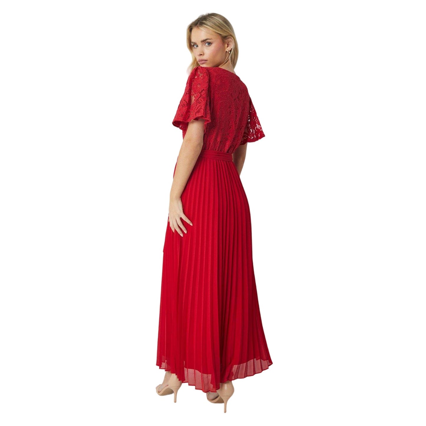 Red - Back - Dorothy Perkins Womens-Ladies Lace Pleated Petite Maxi Dress