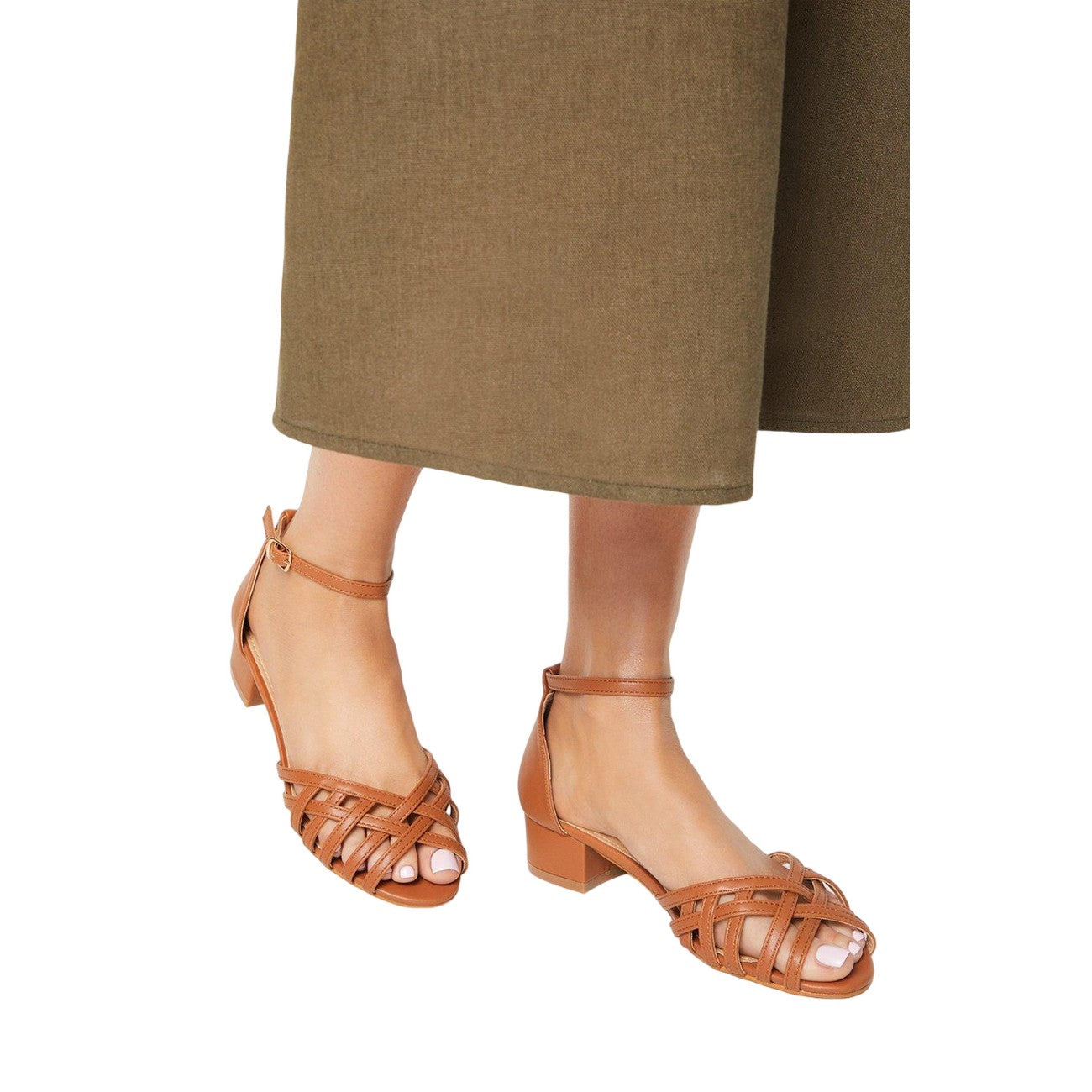 Tan - Side - Good For The Sole Womens-Ladies Eli Lattice Straps Wide Heeled Sandals