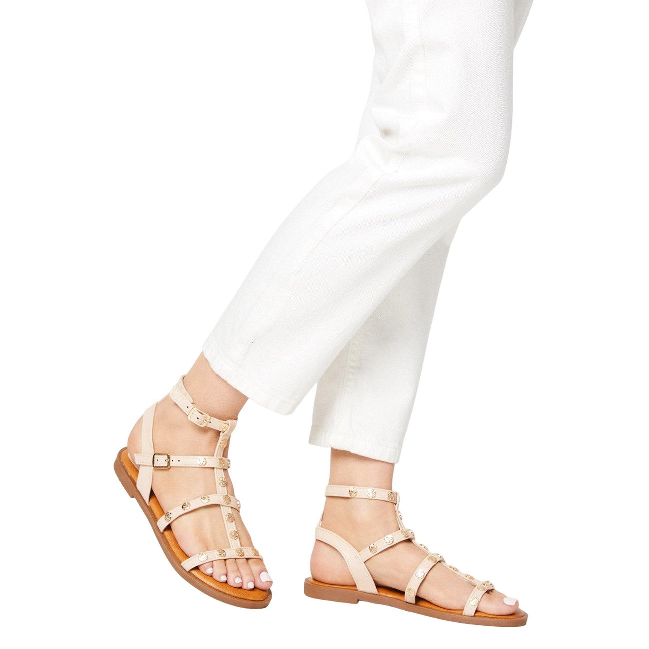Beige - Side - Faith Womens-Ladies Milan Studded Gladiator Sandals