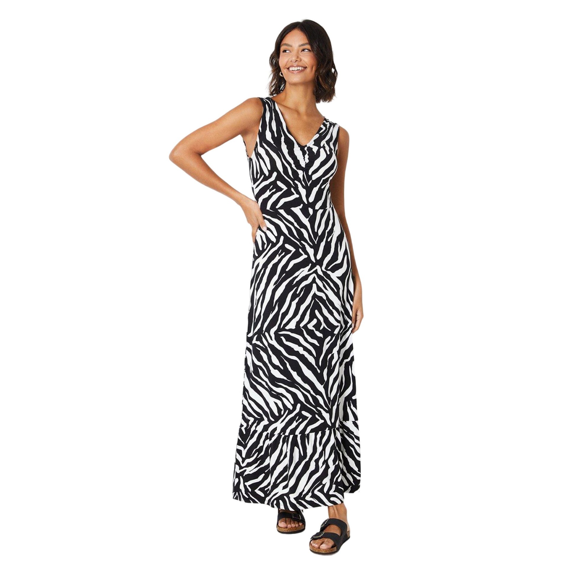Black-White - Front - Dorothy Perkins Womens-Ladies Zebra Print Ruched Front Maxi Dress
