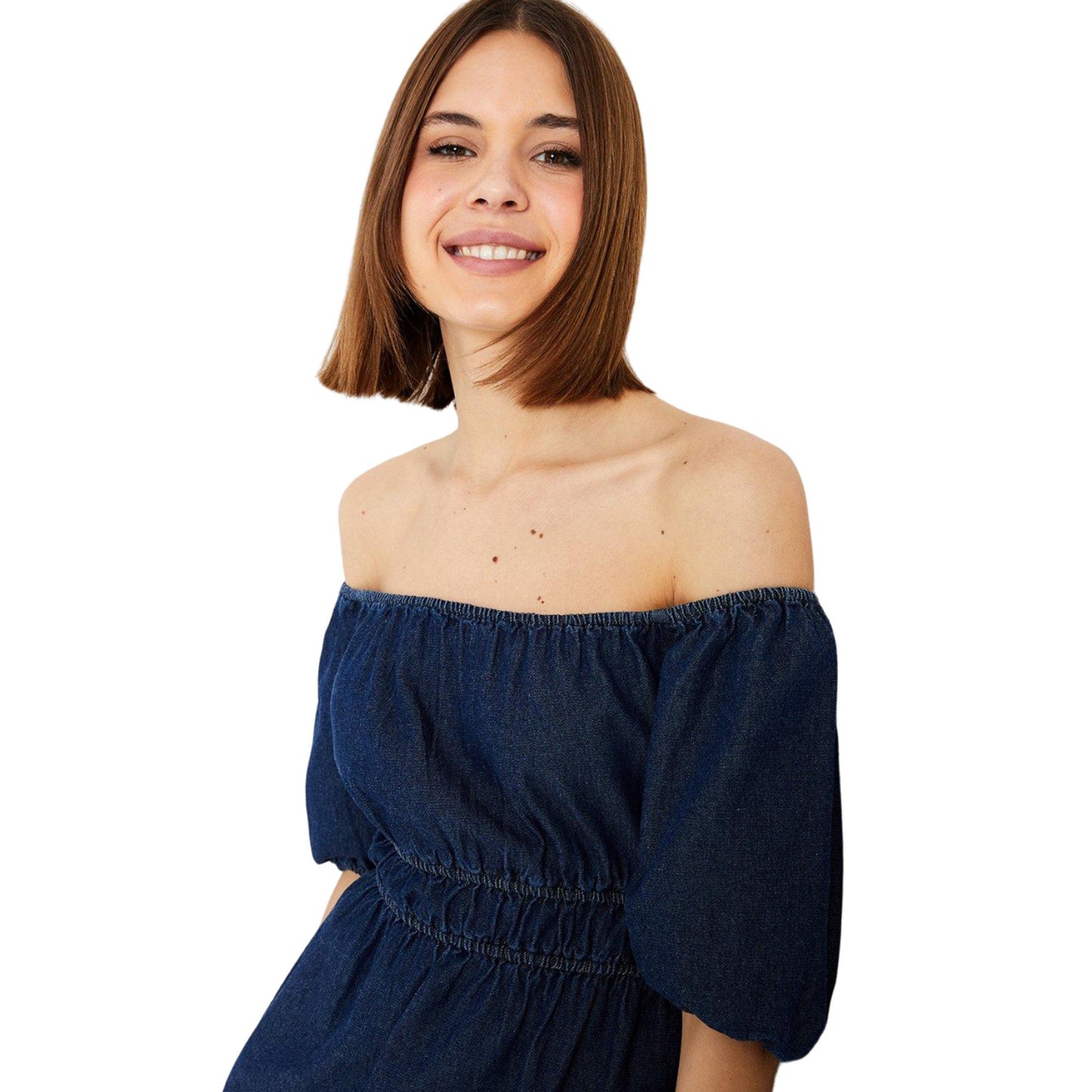 Dark Wash - Side - Dorothy Perkins Womens-Ladies Denim Bardot Midi Dress