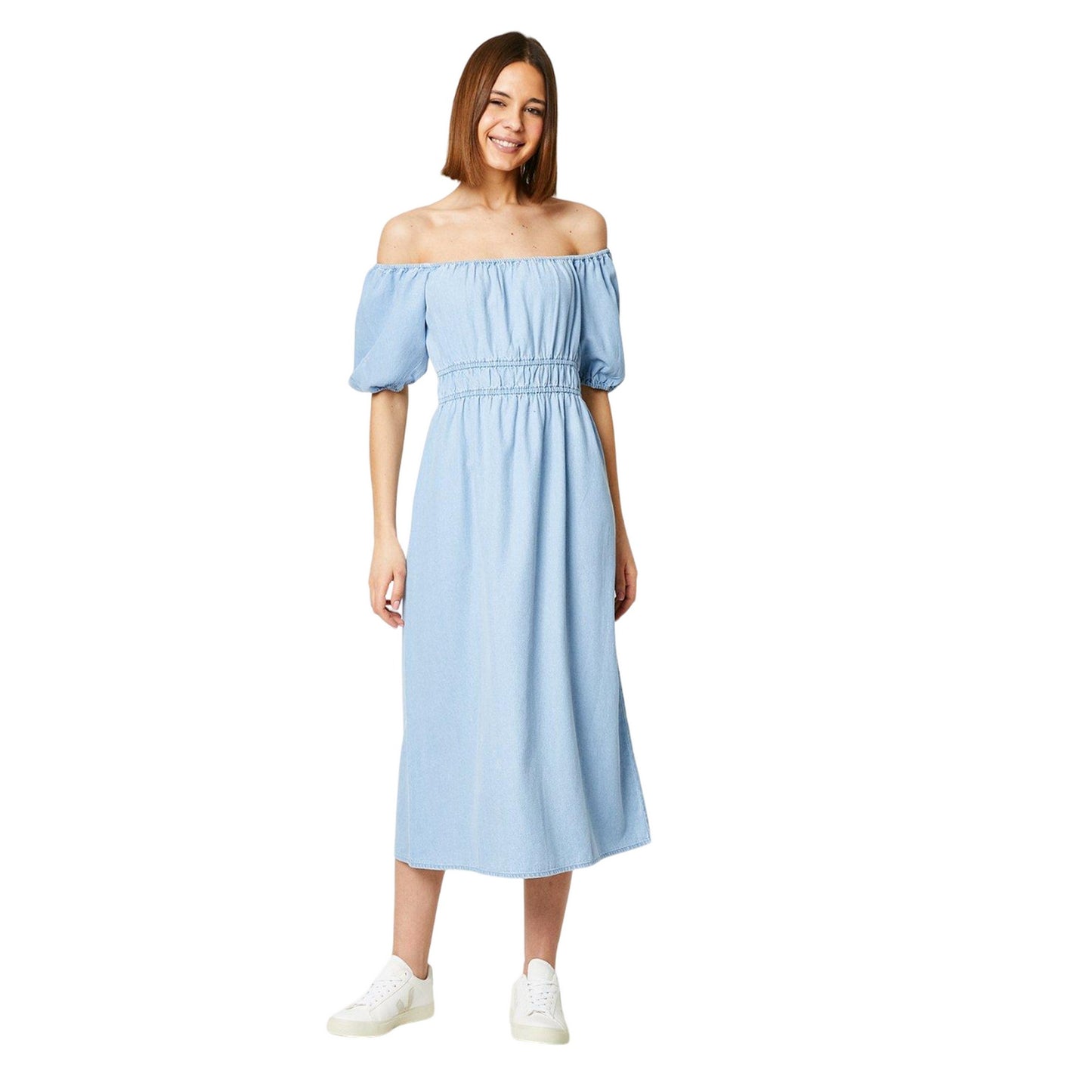 Light Wash - Front - Dorothy Perkins Womens-Ladies Denim Bardot Midi Dress