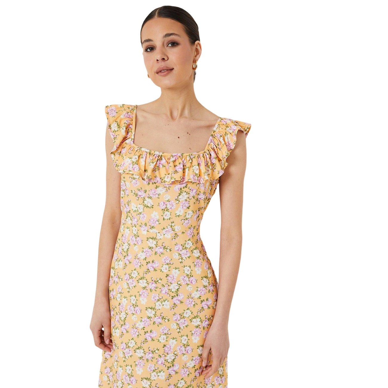 Yellow-White - Side - Dorothy Perkins Womens-Ladies Floral Frill Midi Dress