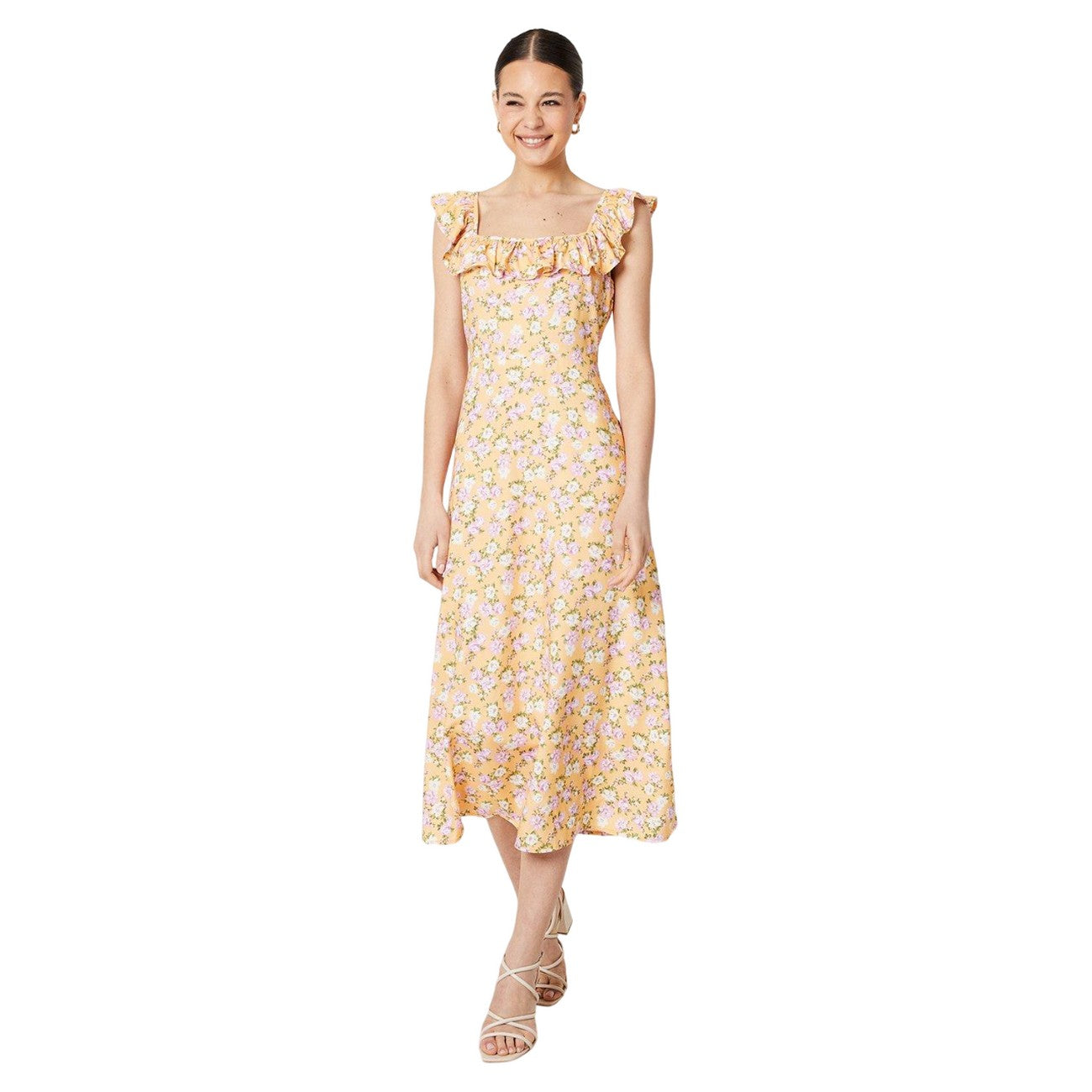 Yellow-White - Front - Dorothy Perkins Womens-Ladies Floral Frill Midi Dress