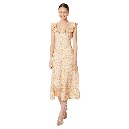 Yellow-White - Front - Dorothy Perkins Womens-Ladies Floral Frill Midi Dress