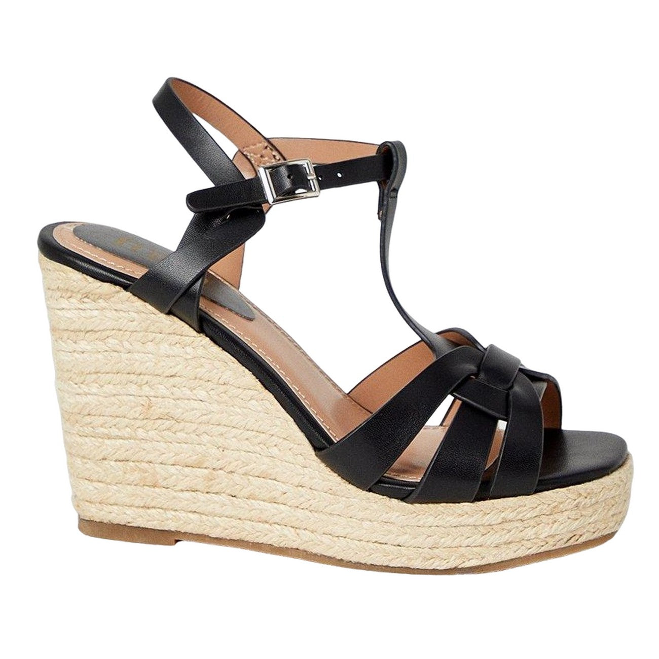 Black - Back - Faith Womens-Ladies Hattie T-Bar High Wedge Wedge Sandals