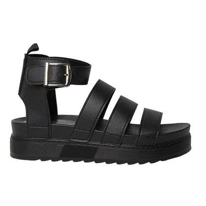 Black - Back - Faith Womens-Ladies Honour Multi Strap Chunky Heel Wedge Sandals