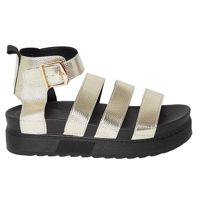 Gold - Back - Faith Womens-Ladies Honour Multi Strap Chunky Heel Wedge Sandals