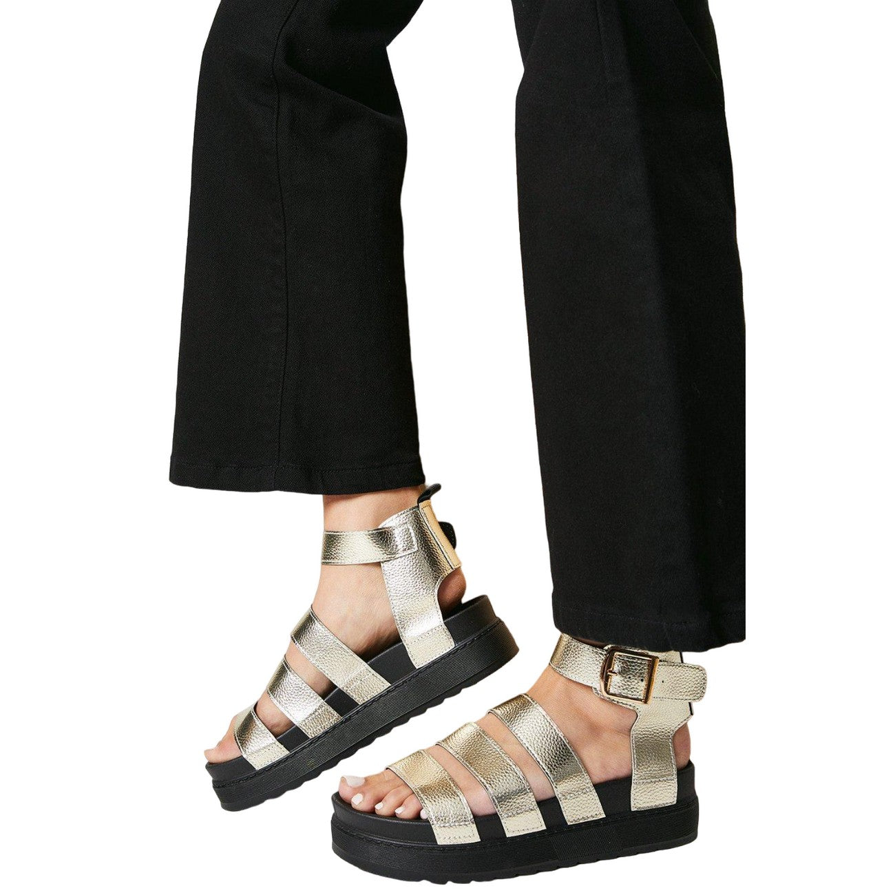 Gold - Side - Faith Womens-Ladies Honour Multi Strap Chunky Heel Wedge Sandals